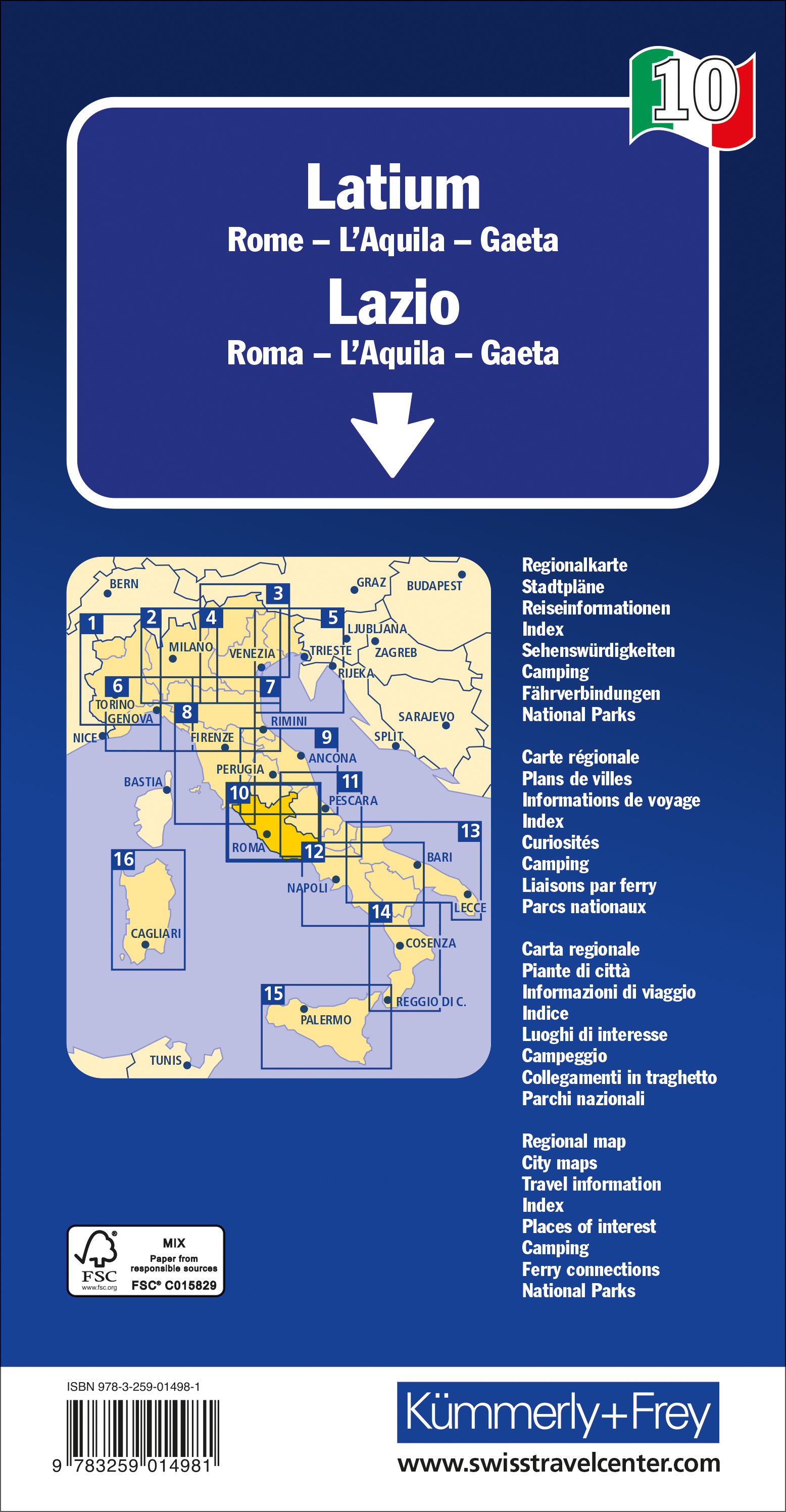 Rückseitencover Kümmerly+Frey Regional-Strassenkarte 10 Latium 1:200.000
