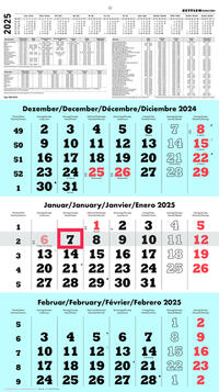 Vorderes Coverbild Zettler - 3-Monatskalender 2025 blau, 33x45cm, Bürokalender mit Jahresübersicht, Datumsschieber, faltbar, 3 Monate auf einen Blick, Feiertage DE /Ferientermine DE/AT/CH und deutsches Kalendarium