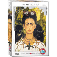 Vorderes Coverbild Selbstbildnis mit Dornenhalsketten und Kolibri von Frida Kahlo 1000 Teile