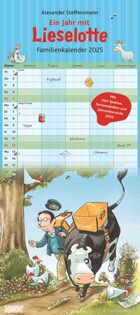 Vorderes Coverbild DUMONT - Kuh Lieselotte 2025 Familienkalender, 22x49,5cm, Planer mit 5 Spalten für die ganze Familie, Jahresübersicht 2026 und Schulferientabelle, deutsches Kalendarium