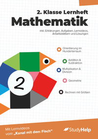 Vorderes Coverbild 2. Klasse Mathematik Lernheft mit Lernvideos von "Kanal mit dem Fisch"