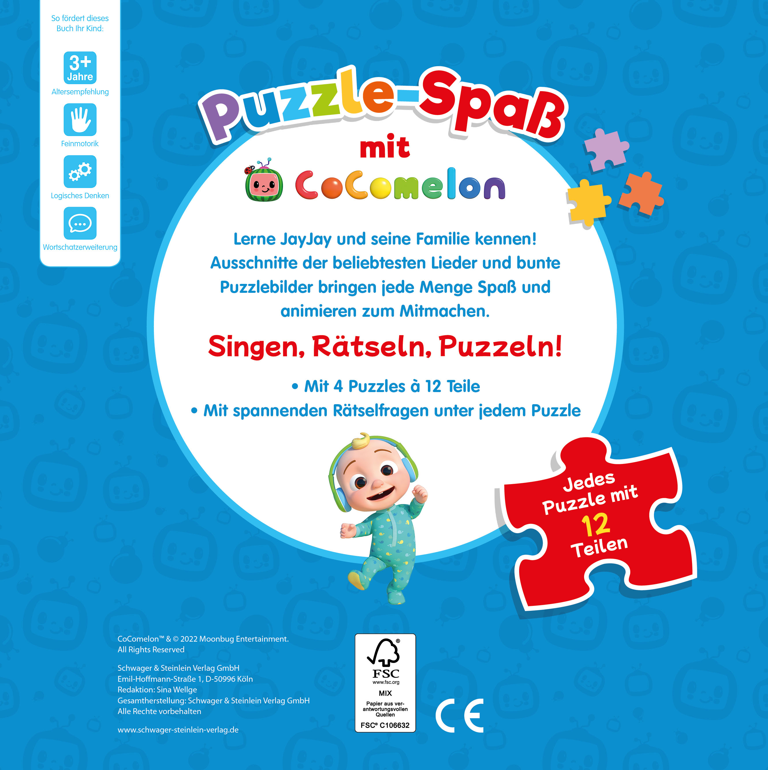 Rückseitencover CoComelon Puzzlebuch. Mit 4 Puzzles zu je 12 Teilen