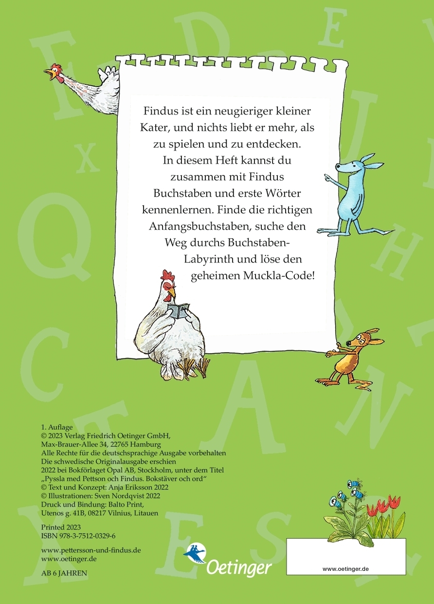 Rückseitencover Pettersson und Findus. Kennst du Buchstaben und Wörter?