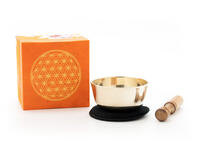 Vorderes Coverbild Kleine gegossene Klangschale mit einem hellen Klang und gravierter 'Blume des Lebens'. Verpackt ist die Schale in einer orangefarbenen Geschenk-Box aus handgeschöpftem Naturpapier mit 'Blume des Lebens' Aufdruck. Inklusive Klöppel und Stoffpad.