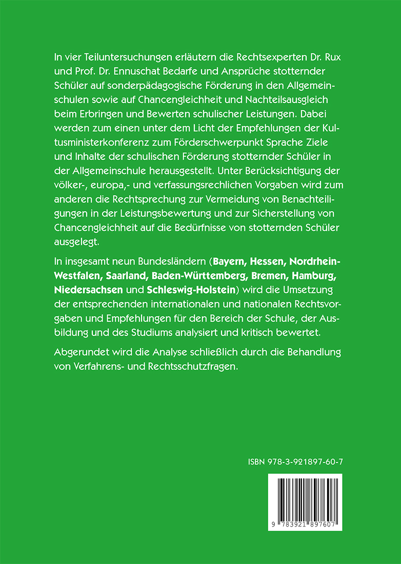 Rückseitencover Die Rechte stotternder Menschen in Schule, Ausbildung und Studium