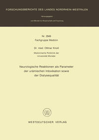 Vorderes Coverbild Neurologische Reaktionen als Parameter der urämischen Intoxikation sowie der Dialysequalität