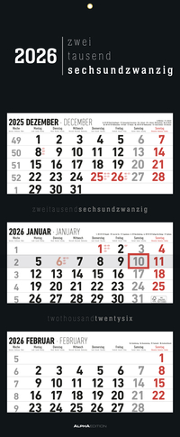 Vorderes Coverbild 3-Monatskalender Black 2026 - Büro-Kalender 33x20 cm (geschlossen), 33x80 cm (geöffnet) - faltbar - mit Datumsschieber - Alpha Edition