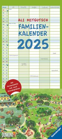 Vorderes Coverbild DUMONT - Ali Mitgutsch 2025 Familienkalender, 22x49,5cm, Planer mit 5 Spalten für die ganze Familie, Jahresübersicht 2026 und Schulferientabelle, deutsches Kalendarium