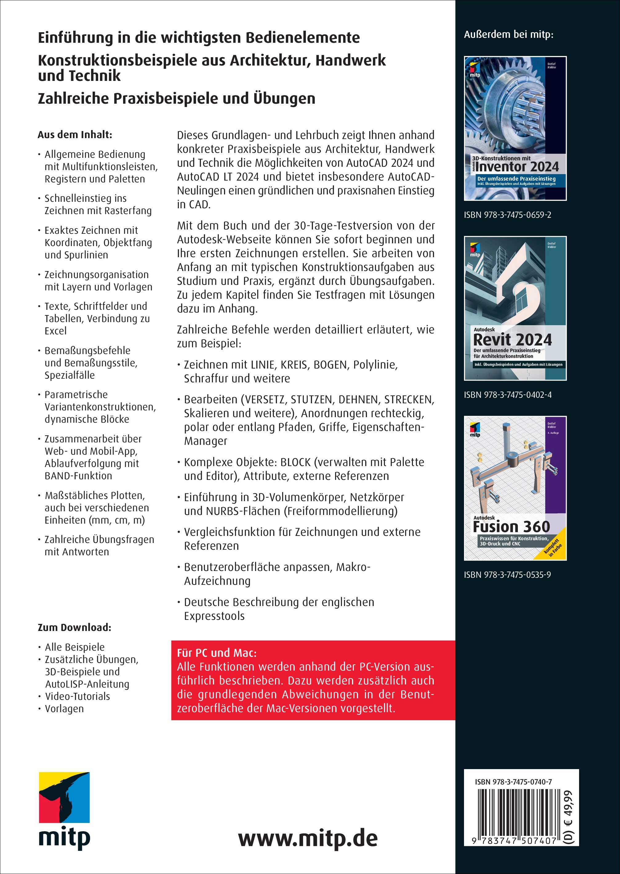 Rückseitencover AutoCAD 2024 und AutoCAD LT 2024 für Ingenieure und Architekten
