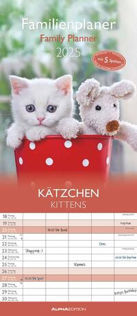 Vorderes Coverbild Alpha Edition - Familienplaner Kätzchen 2025, 19,5x45cm, Familienkalender mit 5 Spalten für Termine, Mondphasen, Ferientermine DE/AT/CH und deutsches Kalendarium