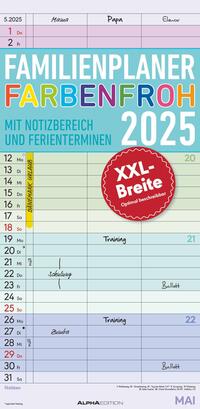 Vorderes Coverbild Alpha Edition - Familienplaner Farbenfroh 2025 Familientimer, 22x45cm, Familienkalender mit 3 Spalten für Termine, viel Platz für Notizmöglichkeiten, Ferientermine DE/AT/CH, deutsches Kalendarium