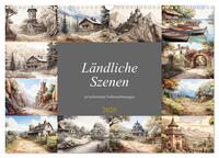 Vorderes Coverbild Ländliche Szenen in kolorierten Federzeichnungen (Wandkalender 2026 DIN A3 quer), CALVENDO Monatskalender