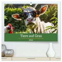 Vorderes Coverbild Tiere auf Gras - Der verrückte Cannabis-Kalender voller bekiffter Tiere (hochwertiger Premium Wandkalender 2026 DIN A2 quer), Kunstdruck in Hochglanz
